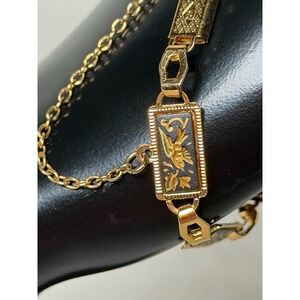 Vtg Gold Tone Black Damascene Link Bracelet Birds Floral Spain Safety Chain 7"